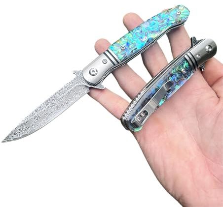 Obespina Couteau Pliant Poche Damas noir luxe Acier 67 Couches VG10 Abalone lame Tranchante Manche Nacre Collection Cadeau Homme edc femme forge artisanat collection clip linerlock