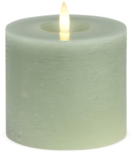 LED Stumpenkerze aus Echtwachs mit Timerfunktion & Fernbedienung - Kerze realistisch flackernde Flamme warmweiß Ø 10 x 9 cm - Elektrische Wachskerze salbei als gemütliche Tischdeko