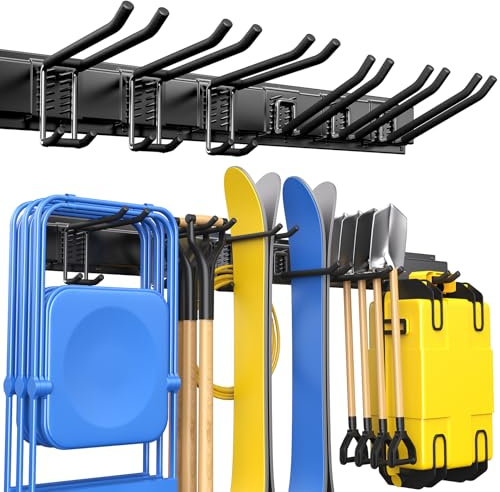Garden Tool Organizer - Garage Storage Organization Wall Mount, 440lbs Adjustable Heavy Duty Metal Hooks,Yard Shed Organizer Rack Holder System Hanging Rake Broom Mop Snowboard with 6 Adjustable Hooks