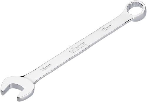 VIGOR Ring-Maulschlüssel V7740-15, SW 15 mm, lange Ausführung, 15 Grad gekröpft, Außen Sechskant und Doppelsechskant Profil, verchromt und poliert