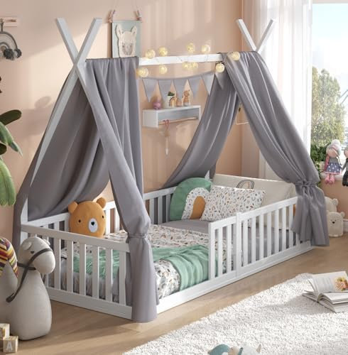 ALAVYA HOME® Kinderbett Hausbett Bodenbett Sky Set mit Deko und Matratze I FSC® zertifizierte inkl. Rausfallschutz & Lattenrost (Hausbett mit Deko Grau und Matratze, 80 x 160 cm)