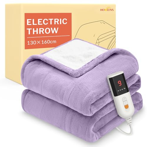 HOMLYNS LuxeHeat Heated Blanket Electric Blanket, Soft Flannel Sherpa Heated Throw, Heating Blanket with 9 Heat Settings, 10 hrs Timer Auto Shut Off (160x130 cm, Purple)