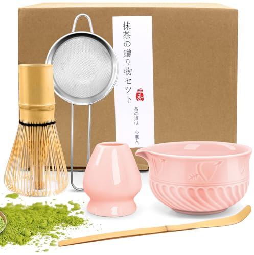 EOPUOZS 5 pezzi Matcha Kit, Set da tè Giapponese Premium, con Frusta Matcha in Bambù Cucchiaio Ciotola e Supporto, Set Matcha per Gli Amanti del tè(Rosa)