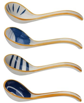 Hemobllo Cuchara Sopera De Cerámica Pequeña, Cuchara De Porcelana Asiática, Resistente a Altas Temperaturas, Diseño Ergonómico, Color Azul y Blanco, Apta Para Sopa y Aperitivos, Juego De 4 Piezas