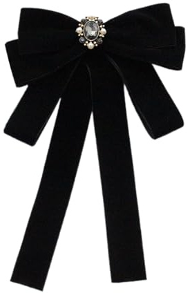 Lilinzhi Elegante broche de terciopelo para mujer, lazo preatado, corbata con diamantes de imitación y perlas, decoración para eventos formales, corbatas de moda, Negro, H