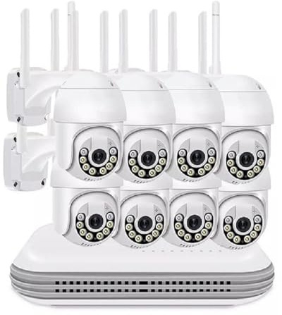 Kit Videosorveglianza Wi-Fi 8 Canali NVR + 8 Telecamere IP Motorizzate 355° Full HD 1080P, Visione Notturna Colori, Audio Bidirezionale, Rilevamento Movimento, Impermeabili IP65
