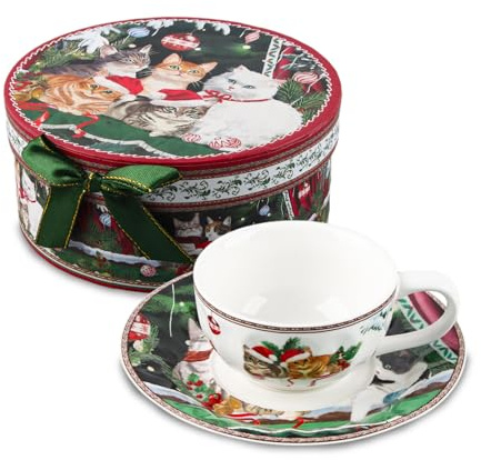 SilverChry Tazza da Tè in Porcellana Vintage, 120ml, Set di Tazza e Piattino, Adatto al Microonde, Cinque Gatti, Tazze da Cappuccino con Piattino, Adatto per Caffè, Latte, Tè