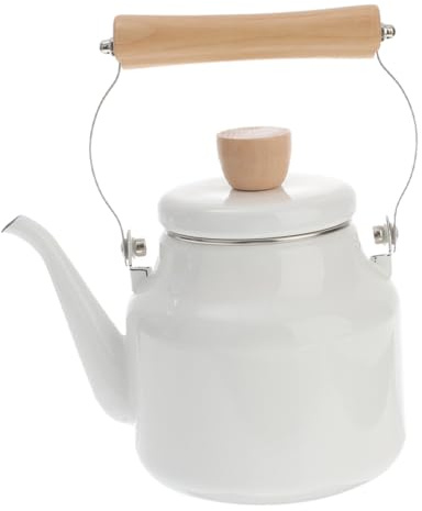 Vintage Teekessel aus Emaille 1,8l Weiß für Herd und Kaffee | Teekanne Emaille, Holzgriff Anti Verbrühend, Bruchfest und Leicht, Feine Verarbeitung