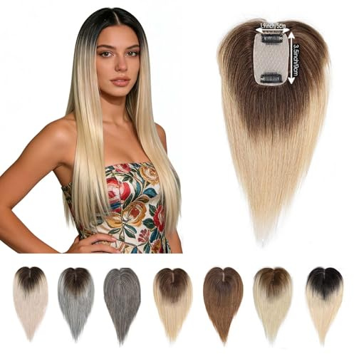EREE HAIR Echthaar-Topper mit Seidenbasis für Frauen mit dünner werdendem Haar, realistische Kopfhaut, 30,5 cm, zum Anklipsen, glatte Topper-Haarverlängerung, 5 x 9 cm, Damen-Toupet, 1B/613#