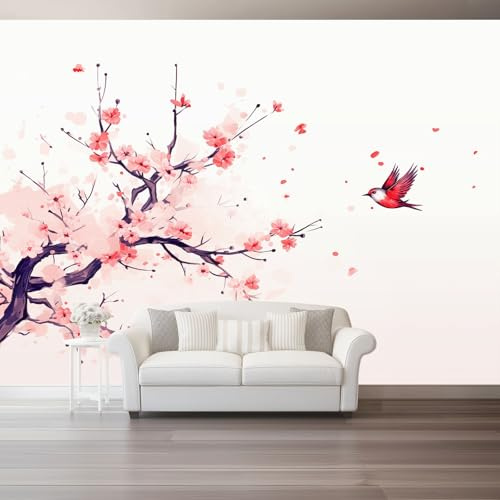Fiori E Uccelli Orientali Carta Da Parati Rosa Fiori Uccelli In Volo Murale Seta Xxl Moderne Decorazione 300 X 210 Cm Per Decorazione Soggiorno Camera De Letto Sala Ufficio