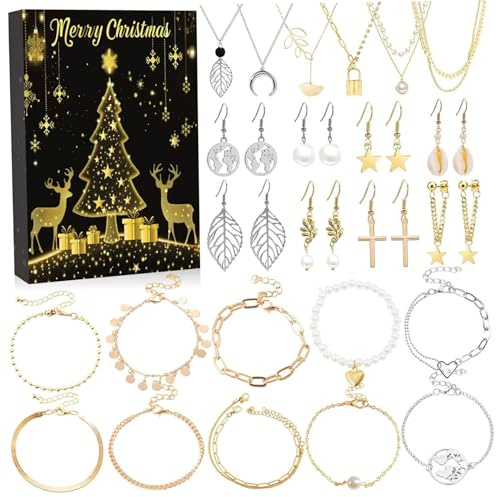 Schmuck-Adventskalender 2025, 24 Tage, Gold und Silber, enthält Ohrhänger, Halsketten und weitere Weihnachts-Countdown-Adventskalender-Geschenke für Frauen Mädchen