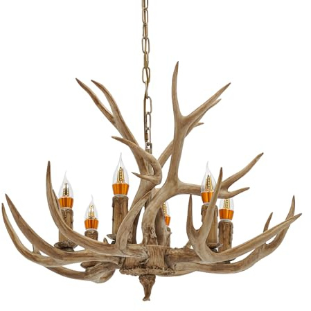 CHERIREN Geweih Kronleuchter, 220V 60W 6 Licht Hirschgeweih Deckenleuchte Antler Decken Leuchte Geweihlampe Deckenlampe Geweihe Hängeleuchte Retro Geweih Hängeleuchte für Decken Wohnzimmer Flure