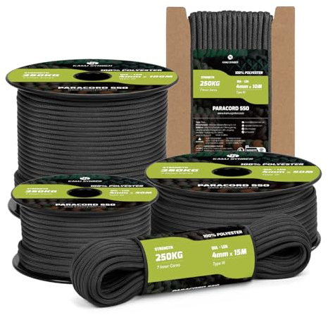 Paracord 550 Typ III 4mm 10m 7 Trådar 100% Polyester Rep | Stöd 250kg(550lbs), Durable, UV Resistant, MIL-SPEC, Armband, Camping, Utomhus, Överlevnads