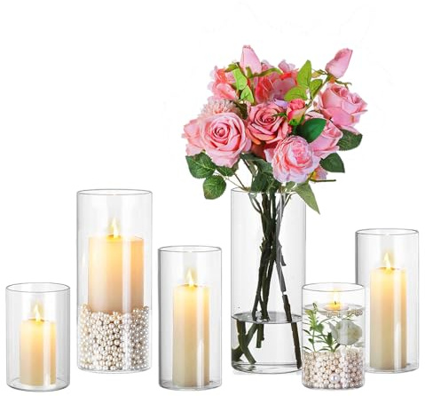 Hewory Vindljus glas ljusglas för bordsdekoration: uppsättning med 6 glasvaser, cylindrar, stor ljushållare för bröllopsdekoration, ljusglas 3 mm tjock glascylinder för ljus för dekoration vardagsrum