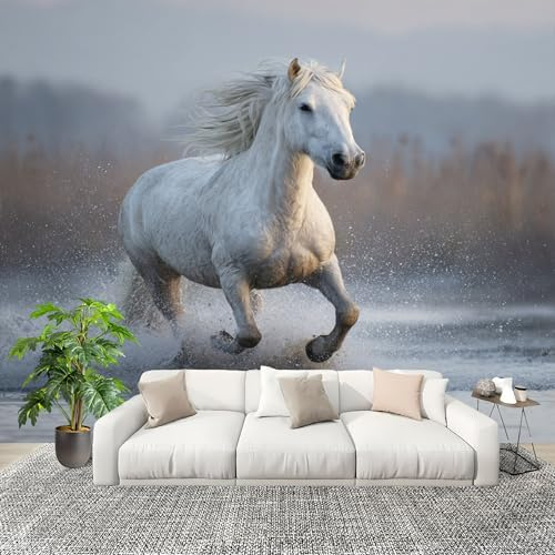 Papel Pintado Panorámico 350x256 cm Caballo De Carrera DináMico Personalizable Fotomurales No Tejido Póster Pared Decoración Blanco GrisáCeo 3D Duradero y Resistente a las manchas Fotomurales