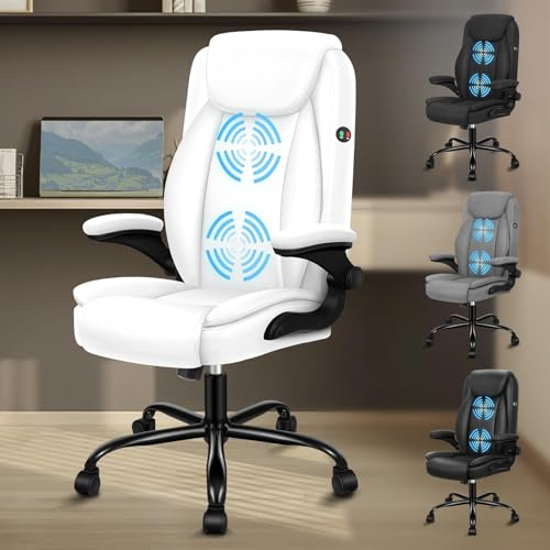 ALFORDSON Massagekontorsstol, datorfåtölj, skrivbordsstol av konstläder, kan belastas 150 kg, 90–135° ryggstöd, höjdjusterbar ergonomisk PC-stol, snövit