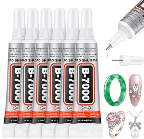 AOOSA B7000 Super Glue, 6x10ml/0.3fl.oz Craft Glue Clear Adhesive | for Jewelry Making, Rhinestones Craft, Nail Art, Shoes Phone Repair, Fabric, Wood, Glass, Metal