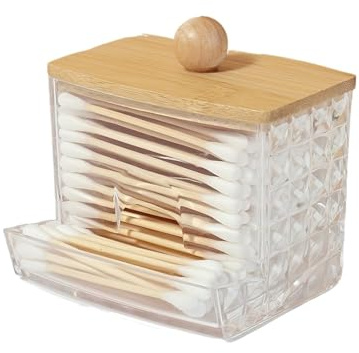 QuxetlRyz Dispenser Porta Bastoncini di Cotone con Motivo a Rombi Trasparenti Accessori for Organizer da Bagno Decor for riporre batuffoli Porta Cotone/Bastoncini Cotonati(Wood Lid)