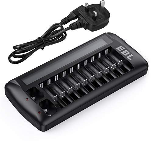EBL AA AAA Rechargeable Battery Charger 9V Battery Charger for Ni-Mh Ni-Cd AA AAA 9V Batteries, 12 Slots LCD Batteries Charger