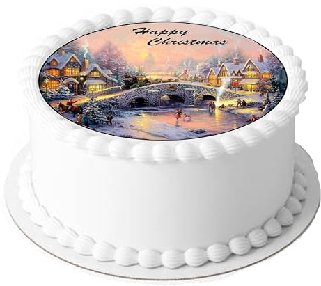 Christmas Vintage Traditional Village Scene Happy Christmas 7.5 inch Circle on Decor Icing Sheet Edible Cake Topper - Perfect for Decorating Larger Cakes