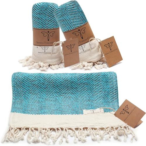Smyrna Original Turkish Hand Towels Herringbone Series Set of 2 | 100% Cotton, 16 x 40 Inches | Decorative Bathroom Peshtemal Towel for Hand, Face, Hair, Gym, Yoga, Tea, Kitchen and Bath (Turquoise)