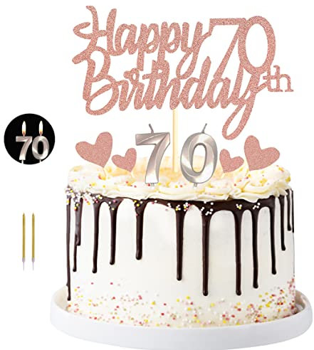 Sumerk Happy 70th Birthday Cake Topper with Number 70 Birthday Candles Heart Cupcake Toppers Cake Decorations Set for 70th Birthday Anniversary - Pack of 17
