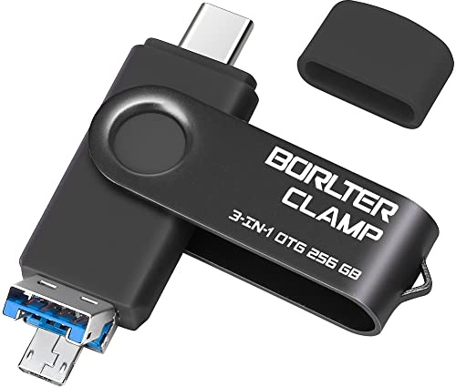 Clé USB 3.0 de 256 Go Mémoire Stick 3 en 1 pour Téléphones Android, BorlterClamp Clef USB Pendrive OTG avec 3 Ports USB (USB C/microUSB/USB-A) pour Samsung Galaxy, PC et Plus (Noir)