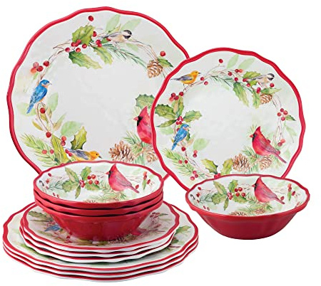 UP ware - Juego de vajilla de melamina de pájaros de invierno, 12 piezas, juego de platos y cuencos, decoraciones navideñas, servicio para 4, color rojo
