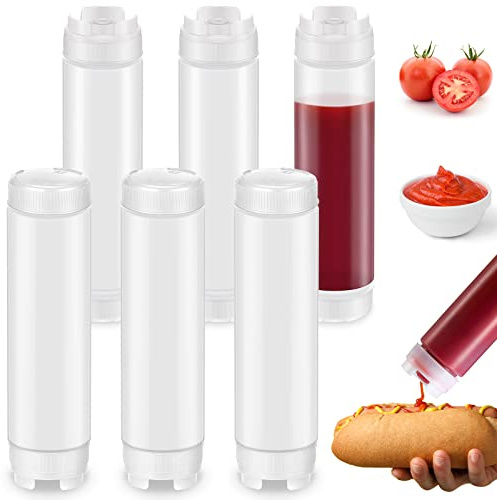 Sabary 6 Pcs 16 oz Condiment Squeeze Bottles, Inverted Plastic Squeeze Bottle for Sauces and Liquids, Leak Proof Refillable Condiment Bottles for Ketchup Oil Restaurants, Kitchen Use (Black)(White)