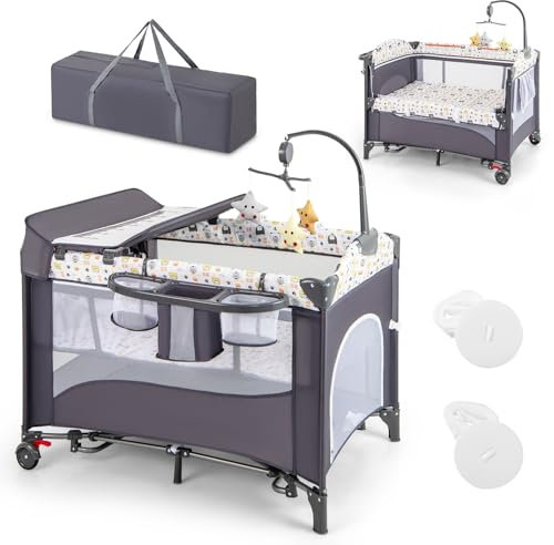 Maxmass 6-in-1 Baby Travel Cot, Infant Bedside Sleeper with Detachable Changing Table, Music Box and Hanging Toys, Adjustable Nursery Center for Newborn Toddlers (Bear)