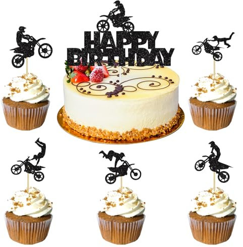 YPLonon 31 Pièces Moto Cake Topper Décoration Gateau Anniversaire Déco Gâteau Moto Happy Birthday Cupcake Toppers Noir pour la Fête d'Anniversaire des Enfants