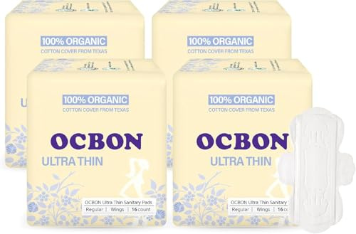 OCBON Unscented Ultra Thin Sanitary Pads (64 Count, Regular) – Organic Cotton Feminine Pads with Wings for Women, Super Absorbent & Soft, Period Protection, Hypoallergenic