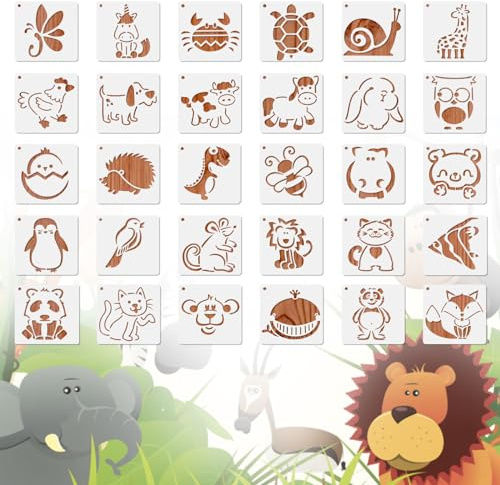 MWOOT 30 Piezas Plantillas Pintura Animales Lindo,DIY Cute Animal Painting Stencils,Plantilla para Pintar Reutilizable Template de Dibujo en Mueble Tablón Tela Parede Lienzos Decoración(13x13cm)
