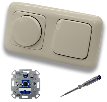 REV Ritter LED Drehdimmer Dimmer + Busch Jäger Dimmerscheibe 2115-212 und Lichtschalter 2000/6 US in DURO2000 cremeweiß glänzend inklusive EBROM Phasenprüfer zur Montage der Geräte ET1 66012B