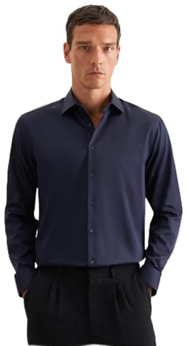 Seidensticker Camicia da Uomo, vestibilità Normale, Facile da Stirare, Colletto Kent, Maniche Extra Lunghe, 100% Cotone, Blu, 48