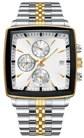 RORIOS Men's Square Watch Analogue Quartz Wrist Watch Multifunctional Business Wristwatch Simple Luminous Watch for Men with Stainless Steel Strap White A