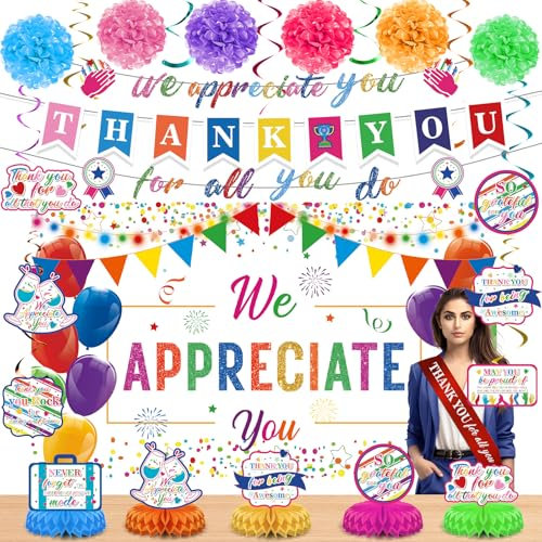 Buntes Banner mit Aufschrift We Appreciate You, Aufschrift Thank You for All You Do, Wabenaufsätze, hängende Wirbel, Mitarbeiter, Wertschätzung, Geschenke, Pastor, Lehrer, Arzt, Ruhestand,