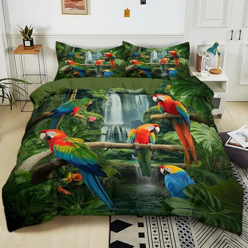 Parure de lit Adulte 2 Personnes 140x200 cm Perroquet Vert des Forêts Sets de Housse de Couette Polycoton Ensemble Literie Linge de Lit avec Fermeture éclair et 2 Taies d'oreiller