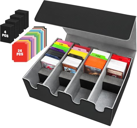 HIMOMO 4 Rows Trading Card Storage Box, 2800+ Card Deck Case with 24 Colorful Dividers & 4 Pcs Foam Dividers, PU Leather card box fits Magic TCG TGG Sports Cards (2800+ Grey)