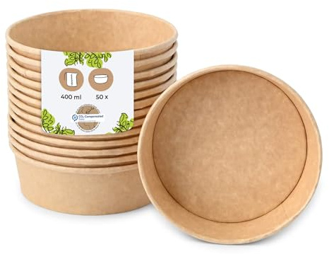 BIOZOYG Salatschale 50 Stück 400 ml braun - Bowl Schüssel Suppenschalen Einwegschalen to go - Einweggeschirr Deli Container Bowl to go - Kartonschale Einweg Mealprep Suppenbehälter