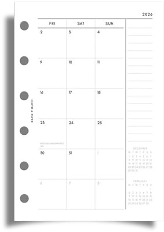 Cloth & Paper 2026 Monthly Planner Inserts | Monday Start | Pocket Size 3.2 x 4.7 Inches | 6-Ring Refills | Jan–Dec Monthly Organizer | 29 Double-Sided Pages | Thick Premium Planner Paper