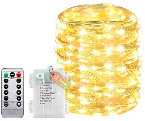 Molicar Lichterkette Draht Mit Timer Und Fernbedienung, Kleine Lichterkette Innen Mit Batterie, 20M 200LEDs IP65 Wasserdicht Ohne Batterien Für Schlafzimmer Hochzeit Weihnachten Party Dekoration