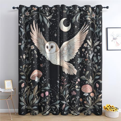 Luxfieo Eule Vorhänge Botanische Pilze Sternenhimmel Vorhang Blickdicht Gardinen 200cm Lang Verdunklungsvorhänge mit Ösen Thermovorhang für Wohnzimmer Schlafzimmer Kinderzimmer Fenster Deko 2er Set