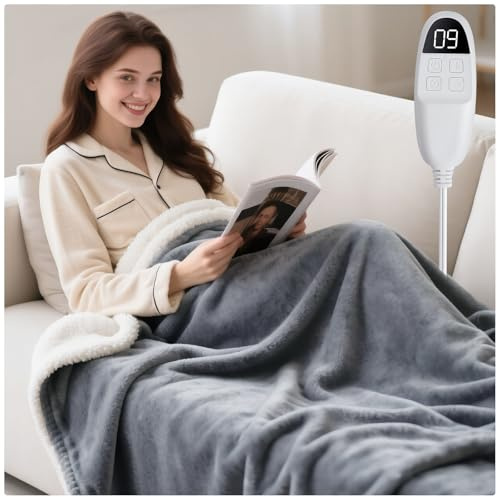 Qoosea Couverture Chauffante Électrique 180x130 cm avec Fonction D'arrêt Automatique 9 Niveaux de Chauffage 9 Réglages de Temps Protection Surchauffe Lavable en Flanelle Pour Lit et Canapé (Gris)