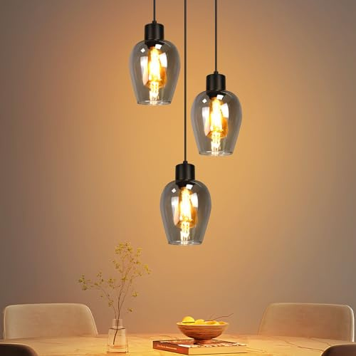 Lichtmaler Hängelampe Schwarz Pendelleuchte 3 Flammig - Vintage Hängeleuchte Esstisch E27 Küchenlampe Hängend Industrial Rauchgrau Glas für Esszimmer Schlafzimmer Wohnzimmer, Ohne Leuchtmittel