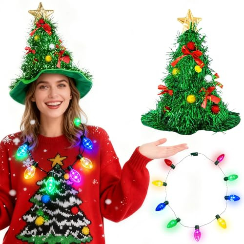 Jococs 2Pcs Christmas Tree Hat Costume with Christmas Light Up Necklace Xmas Dress Up for Christmas Party Supplies