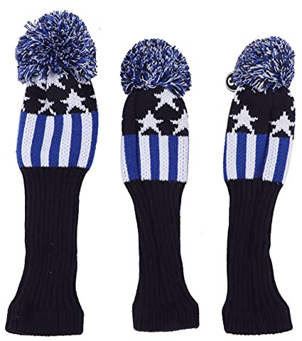 Couverture de Fil de Laine tricotée pour Club de Golf, pour la Protection des Clubs en Bois, No.1/3/5, Ensemble de 3 (Bleu Blanc)