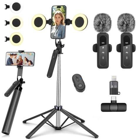 Vlogging Kit for iPhone/Android, Metal Selfie Stick Tripod for iPhone with Light and Microphone,70 inch Tall Adjustable Phone Tripod for TikTok/YouTube Starter Content Creator Essentials Kit