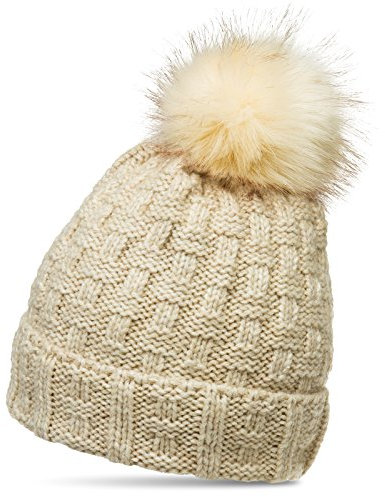 Caspar MU174 Damen Winter Mütze Strickmütze Bommelmütze mit großem Fellbommel, Farbe:beige, Größe:One Size