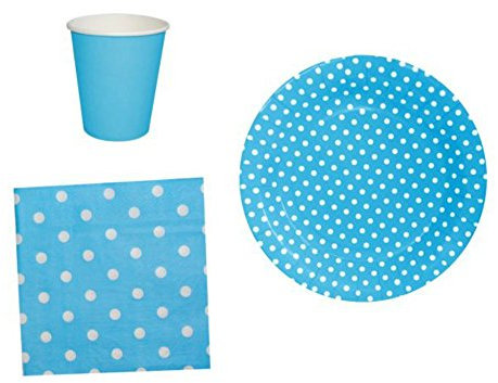 Lote de 6 Sets de Vajilla Azul con Lunares Blancos (60 Vasos, 60 Platos, 60 Servilletas). Complementos. Vajillas para Fiestas de Cumpleaños, Bodas, Bautizos, Comuniones.